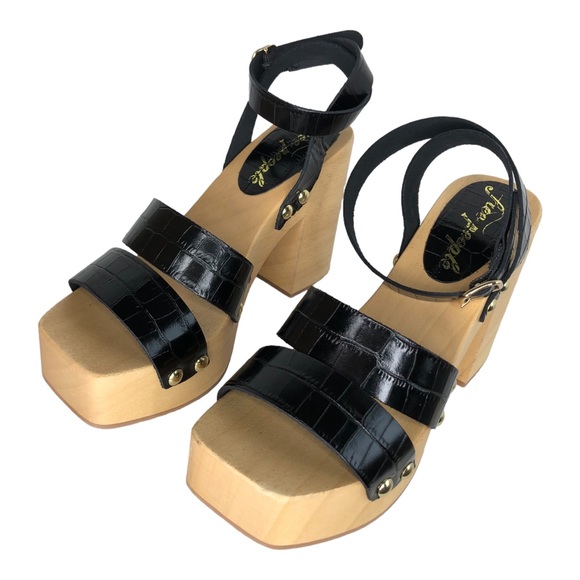 🆕 Free People Mallory Black Croc Wooden Sandals - Picture 8 of 13
